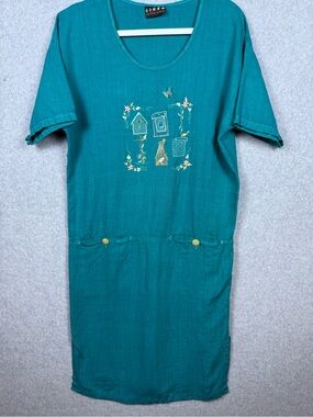 VTG Liz & Jane Teal Linen Embroidered Dress SZ M "3D" Butterfly Grandmacore